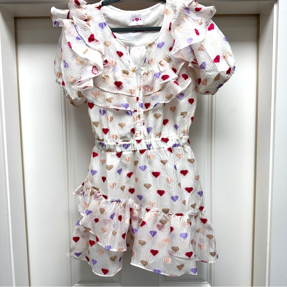 Buddy Love Norma Ruffle Short Dress Kissing Booth Heart Print White Pink - Picture 5 of 15